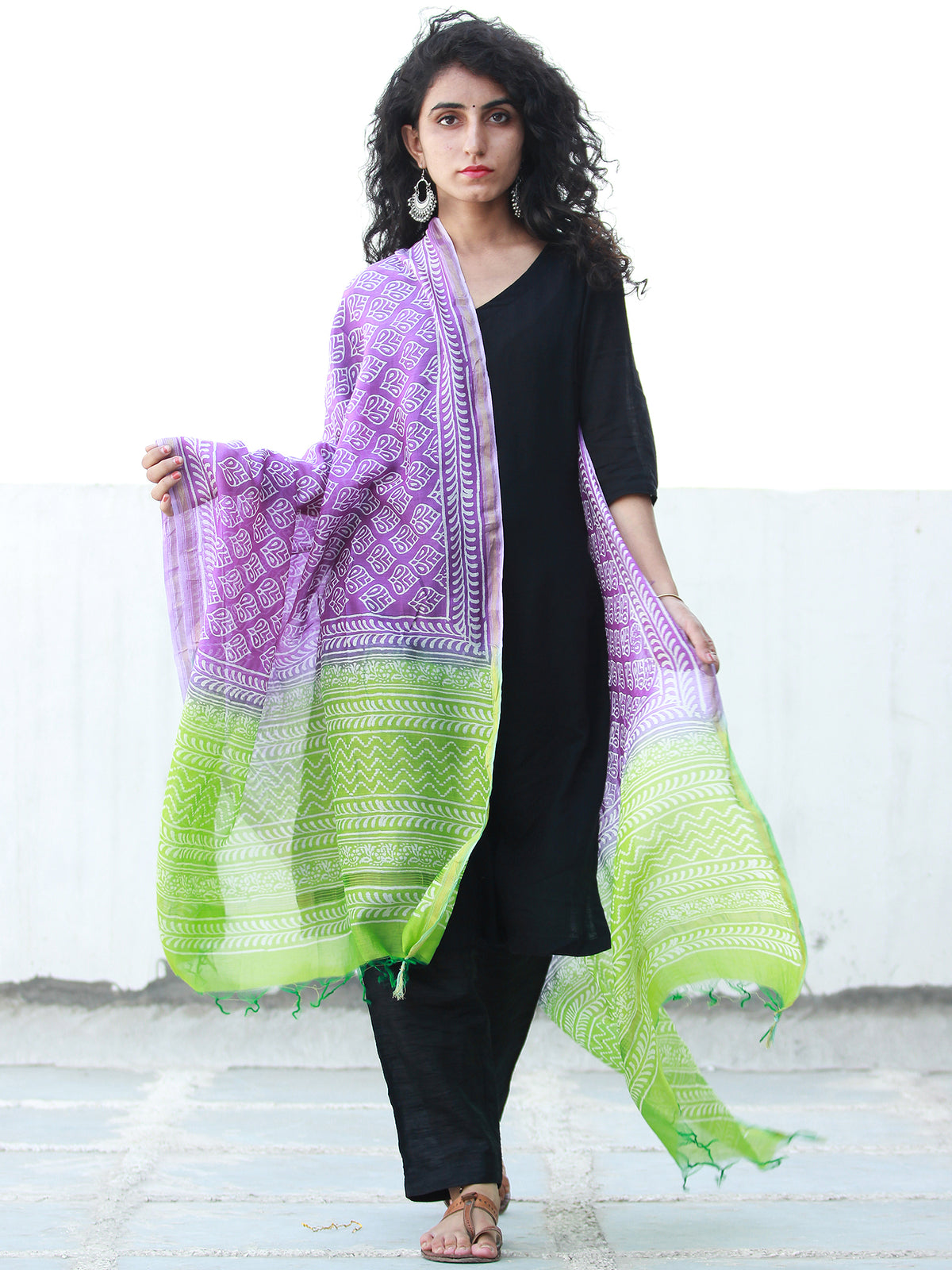 Purple Light Green Chanderi Hand Block Printed Dupatta - D04170479