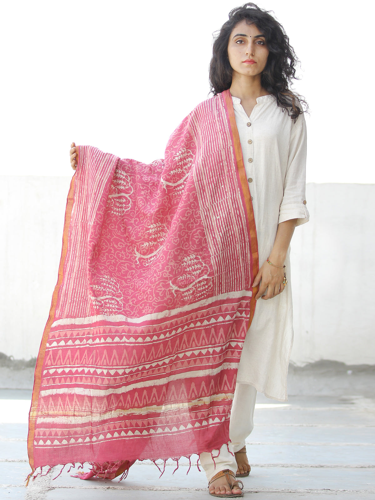 Pink White Chanderi Hand Block Printed Dupatta - D04170569