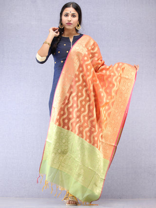 Banarasi Chanderi Dupatta With Zari Work - Orange Light Green & Gold - D04170824