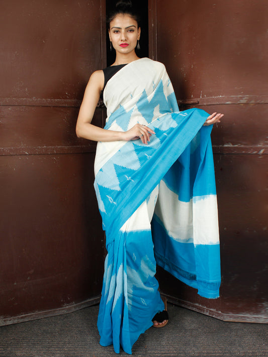 Blue White Double Ikat Handwoven Mercerised Cotton Saree - S031703666