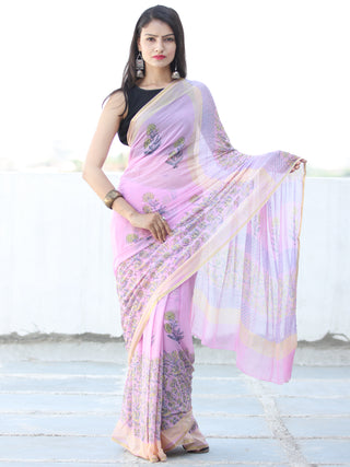 Baby Pink Yellow Hand Block Printed Chiffon Saree with Zari Border - S031703944