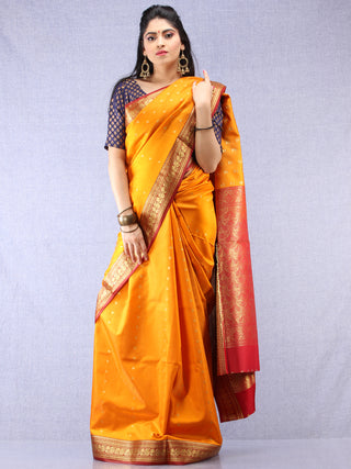 Banarasee Art Silk Self Weave Saree With Zari Work - Mustard Yellow Red & Gold - S031704340