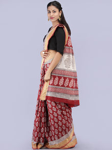 Dark Red Ivory Black Bagh Printed Maheshwari Cotton Saree - S031704253
