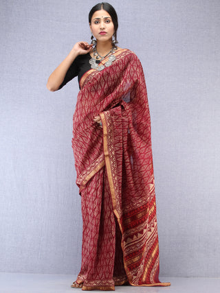 Maroon Ivory Hand Block Printed Maheshwari Silk Saree With Zari Border - S031704534