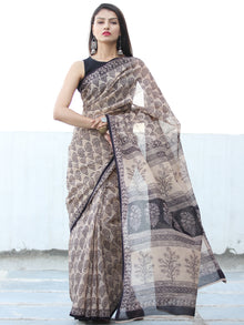 Ivory Black Bagh Hand Block Printed Kota Doria Saree - S031703904