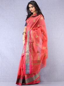 Banarasee Silk Saree With Zari Work - Coral Pink  Blue & Gold - S031704437
