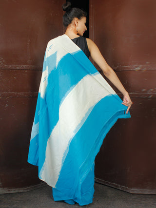 Blue White Double Ikat Handwoven Mercerised Cotton Saree - S031703666