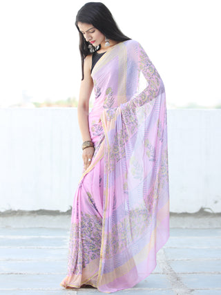 Baby Pink Yellow Hand Block Printed Chiffon Saree with Zari Border - S031703944