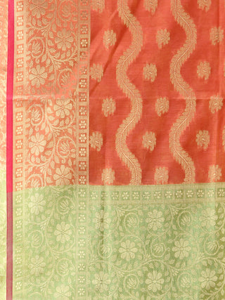 Banarasi Chanderi Dupatta With Zari Work - Orange Light Green & Gold - D04170824