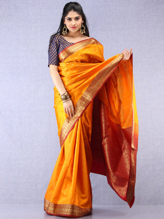 Banarasee Art Silk Self Weave Saree With Zari Work - Mustard Yellow Red & Gold - S031704340