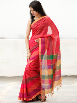 Pink Coral Handloom Mangalagiri Cotton Saree With Zari Border - S031704058