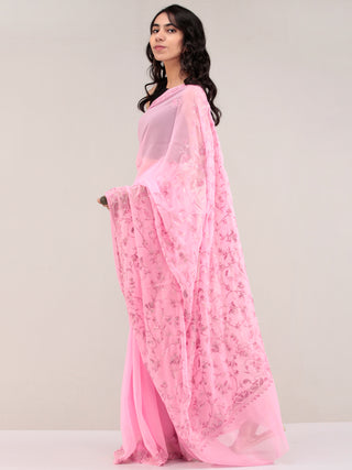 Pink Aari Embroidered Georgette Saree From Kashmir - S031704656