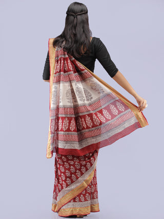 Dark Red Ivory Black Bagh Printed Maheshwari Cotton Saree - S031704253