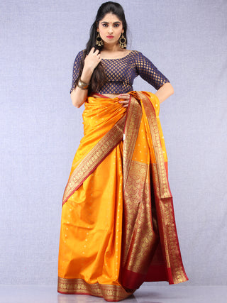Banarasee Art Silk Self Weave Saree With Zari Work - Mustard Yellow Red & Gold - S031704340