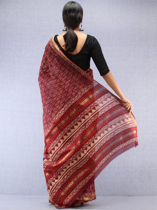 Maroon Ivory Hand Block Printed Maheshwari Silk Saree With Zari Border - S031704534
