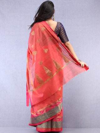 Banarasee Silk Saree With Zari Work - Coral Pink  Blue & Gold - S031704437