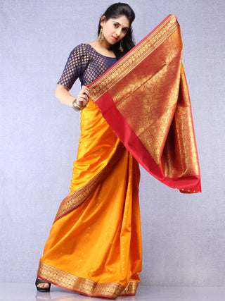 Banarasee Art Silk Self Weave Saree With Zari Work - Mustard Yellow Red & Gold - S031704340