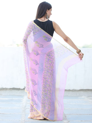 Baby Pink Yellow Hand Block Printed Chiffon Saree with Zari Border - S031703944
