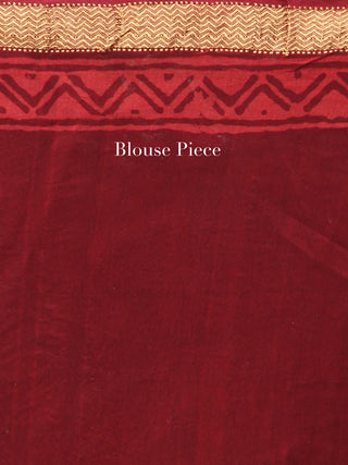 Maroon Ivory Hand Block Printed Maheshwari Silk Saree With Zari Border - S031704534
