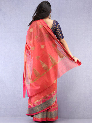 Banarasee Silk Saree With Zari Work - Coral Pink  Blue & Gold - S031704437