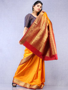 Banarasee Art Silk Self Weave Saree With Zari Work - Mustard Yellow Red & Gold - S031704340