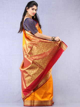 Banarasee Art Silk Self Weave Saree With Zari Work - Mustard Yellow Red & Gold - S031704340