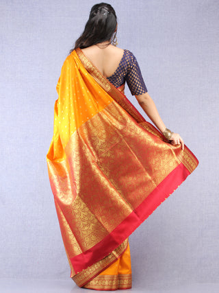Banarasee Art Silk Self Weave Saree With Zari Work - Mustard Yellow Red & Gold - S031704340