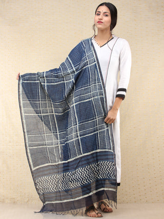 Indigo White Chanderi Hand Block Printed Dupatta - D04170720