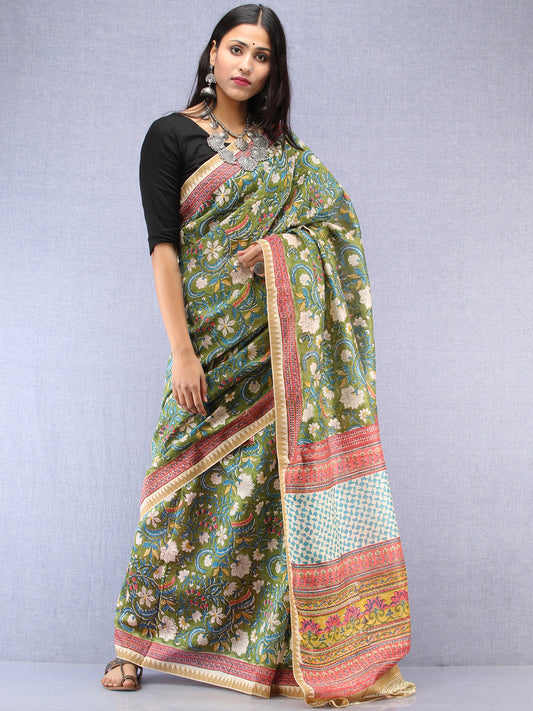 Green Pink Hand Block Printed Chanderi Saree With Zari Border - S031704535