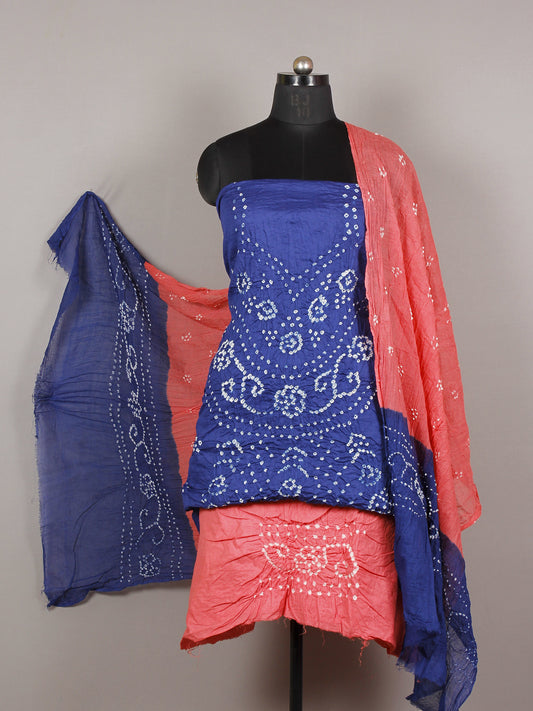 Admiral Blue Pink White Hand Tie & Dye Bandhej Suit Salwar Dupatta (Set of 3)  - S16281273