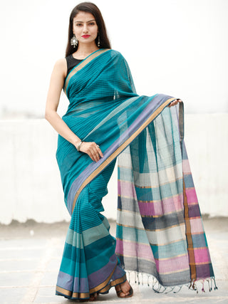 Teal Blue Green Handloom Mangalagiri Cotton Saree With Zari Border - S031704059