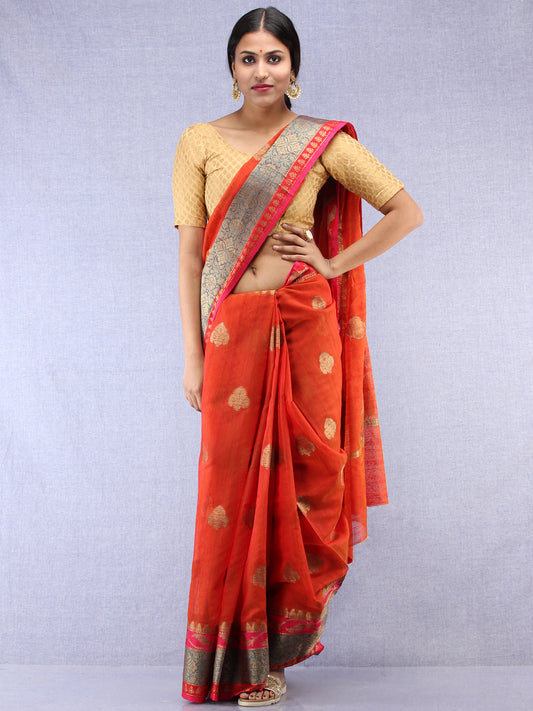Banarasee Cotton Silk Saree With Zari Work - Rustic Red Blue & Gold - S031704438