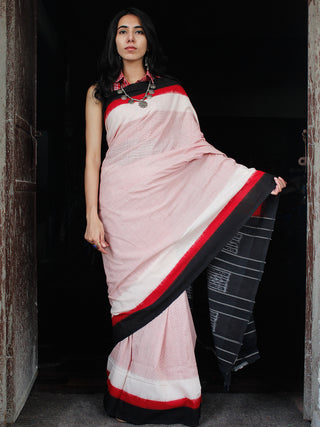 Red White Black Double Ikat Handwoven Mercerised Cotton Saree - S031703543