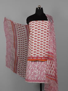White Pink Orange Hand Block Printed Cotton Suit-Salwar Fabric With Chiffon Dupatta (Set of 3) - S16281310