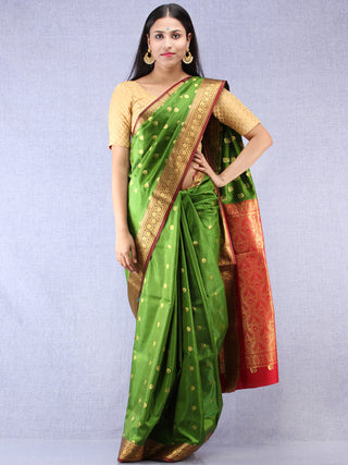 Banarasee Art Silk Self Weave Saree With Zari Work - Green Red & Gold - S031704341