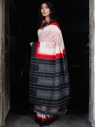 Red White Black Double Ikat Handwoven Mercerised Cotton Saree - S031703543