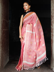 Pink Silver Golden Handwoven Linen Jamdani Saree With Temple Border & Tassels - S031704028