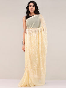 Cream Aari Embroidered Georgette Saree From Kashmir - S031704657