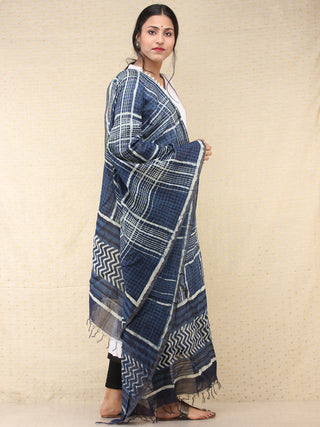 Indigo White Chanderi Hand Block Printed Dupatta - D04170720