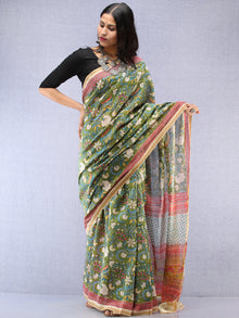 Green Pink Hand Block Printed Chanderi Saree With Zari Border - S031704535