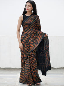 Lead Grey Rust Ajrakh Hand Block Printed Modal Silk Saree in Natural Colors - S031703728