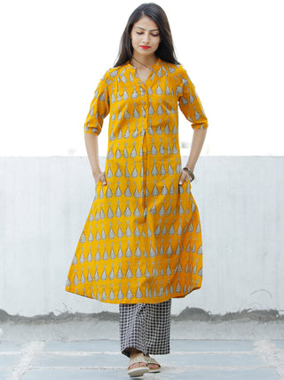 Mustard Yellow White Cotton Hand Block Printed Kurta - K001F1867