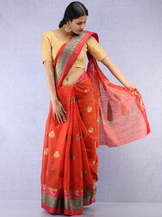 Banarasee Cotton Silk Saree With Zari Work - Rustic Red Blue & Gold - S031704438