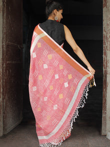 Pink Silver Golden Handwoven Linen Jamdani Saree With Temple Border & Tassels - S031704028