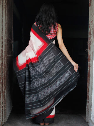 Red White Black Double Ikat Handwoven Mercerised Cotton Saree - S031703543