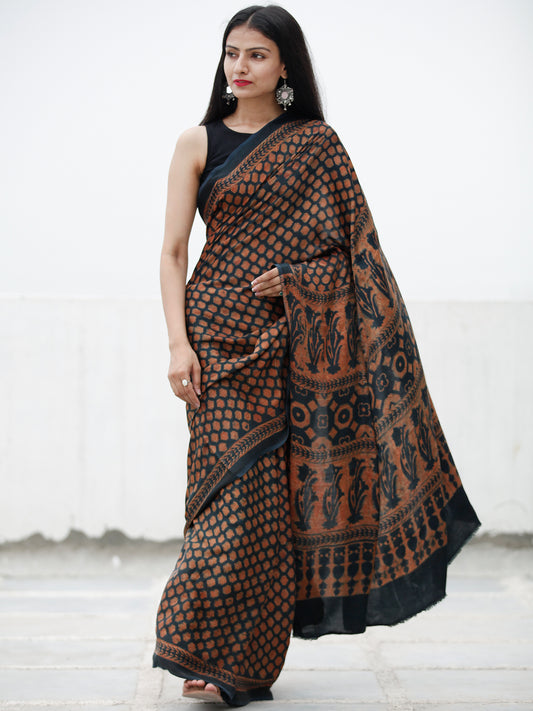 Lead Grey Rust Ajrakh Hand Block Printed Modal Silk Saree in Natural Colors - S031703728