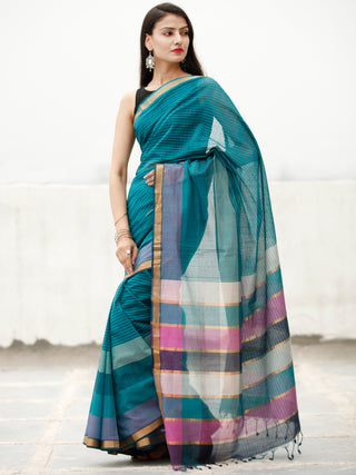 Teal Blue Green Handloom Mangalagiri Cotton Saree With Zari Border - S031704059