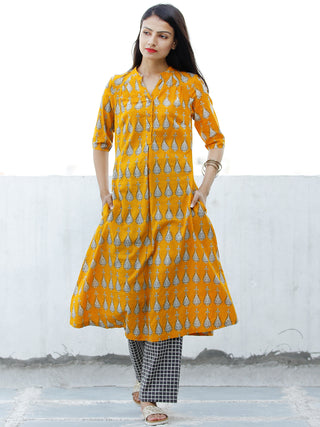 Mustard Yellow White Cotton Hand Block Printed Kurta - K001F1867