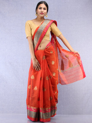 Banarasee Cotton Silk Saree With Zari Work - Rustic Red Blue & Gold - S031704438