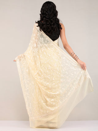 Cream Aari Embroidered Georgette Saree From Kashmir - S031704657